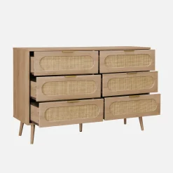 Kommode mit Holzdekor und abgerundetem Rattan-Geflecht 6 Schubladen