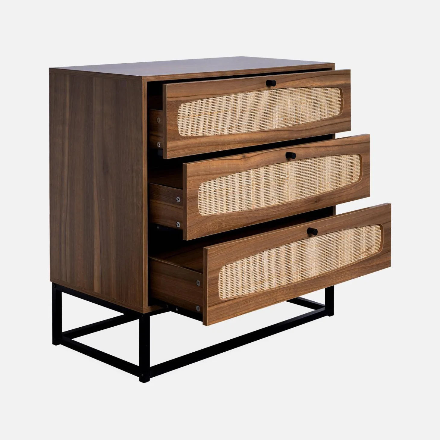Kommode mit Holzdekor und Rattan-Geflecht 3 Schubladen