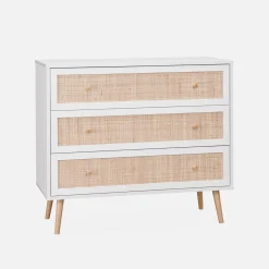 Kommode mit Holzeffekt und Rattan-Geflecht 3 Schubladen