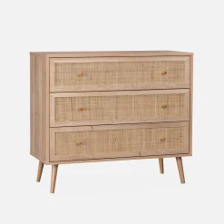 Kommode mit Holzeffekt und Rattan-Geflecht 3 Schubladen