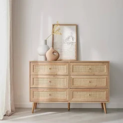 Kommode mit Holzlook, Rattan-Geflecht und 6 Schubladen