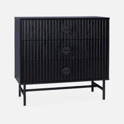 Kommode mit 3 Schubladen im geriffelten Holzlook, schwarzen