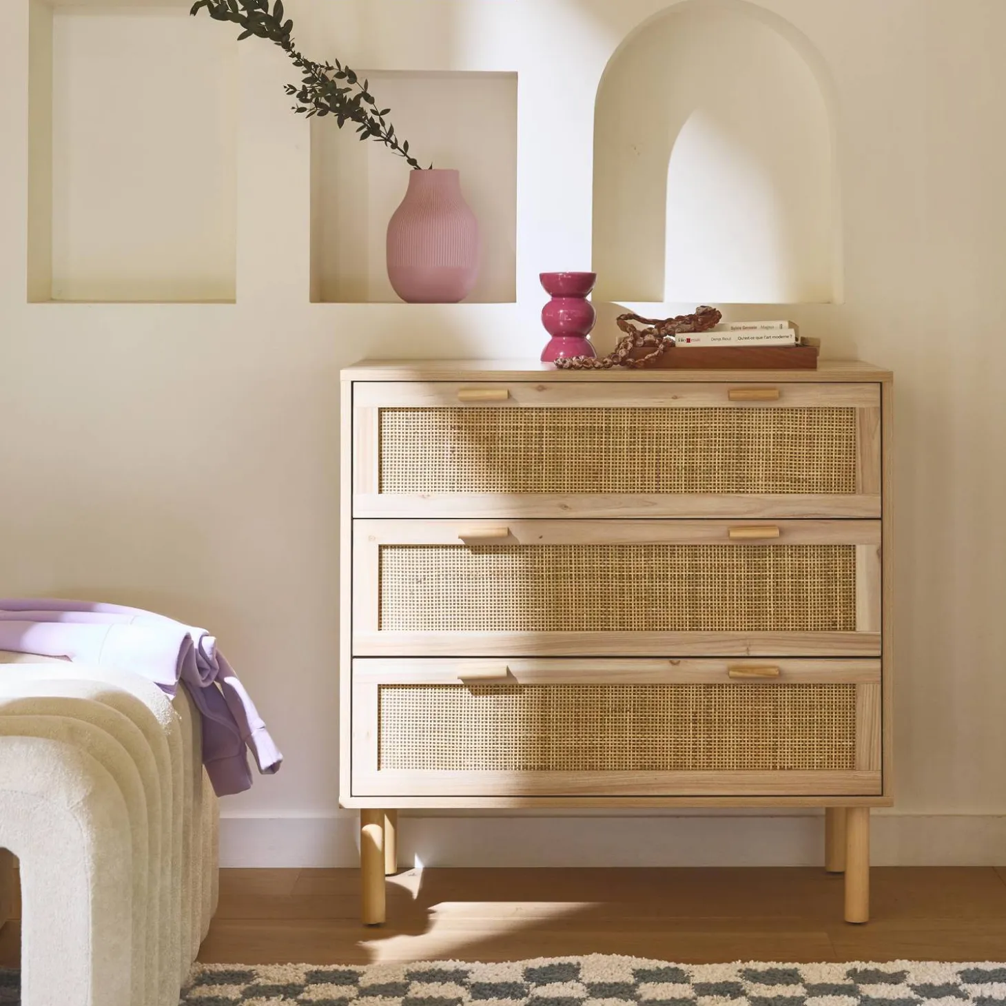 Kommode mit 3 Schubladen, Rattan-Geflecht und Holzdekor