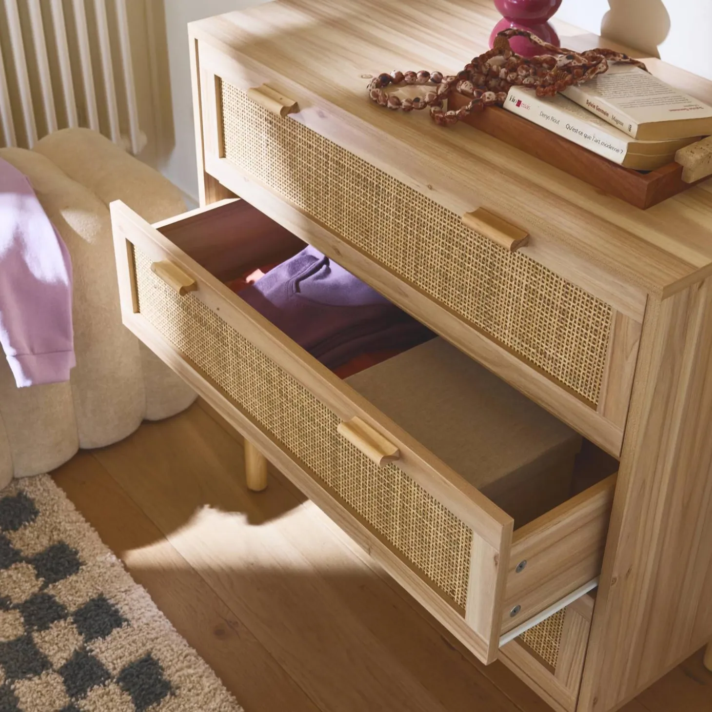 Kommode mit 3 Schubladen, Rattan-Geflecht und Holzdekor