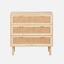 Kommode mit 3 Schubladen, Rattan-Geflecht und Holzdekor