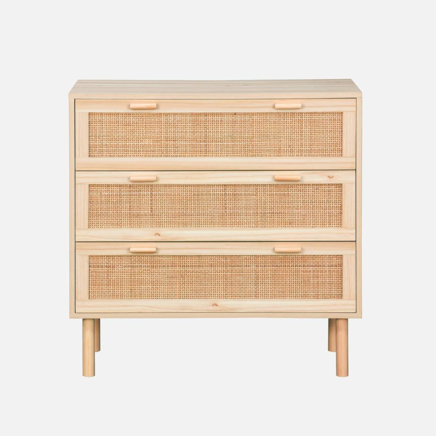 Kommode mit 3 Schubladen, Rattan-Geflecht und Holzdekor