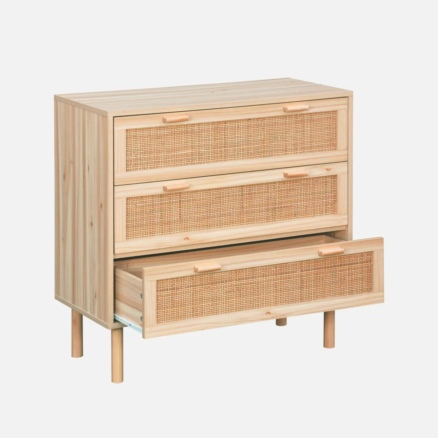 Kommode mit 3 Schubladen, Rattan-Geflecht und Holzdekor