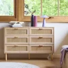 Kommode mit 6 Schubladen Rattan-Geflecht und Holzdekor
