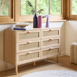 Kommode mit 6 Schubladen Rattan-Geflecht und Holzdekor