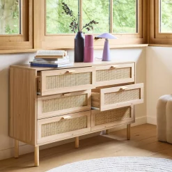 Kommode mit 6 Schubladen Rattan-Geflecht und Holzdekor