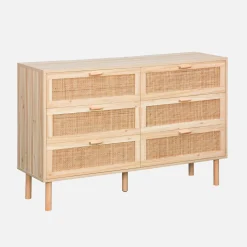 Kommode mit 6 Schubladen Rattan-Geflecht und Holzdekor
