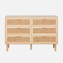 Kommode mit 6 Schubladen Rattan-Geflecht und Holzdekor