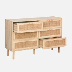 Kommode mit 6 Schubladen Rattan-Geflecht und Holzdekor