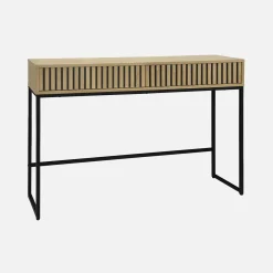 Moderne Konsole mit 2 Schubladen in geriffeltem Holzdekor und schwarzem Metall