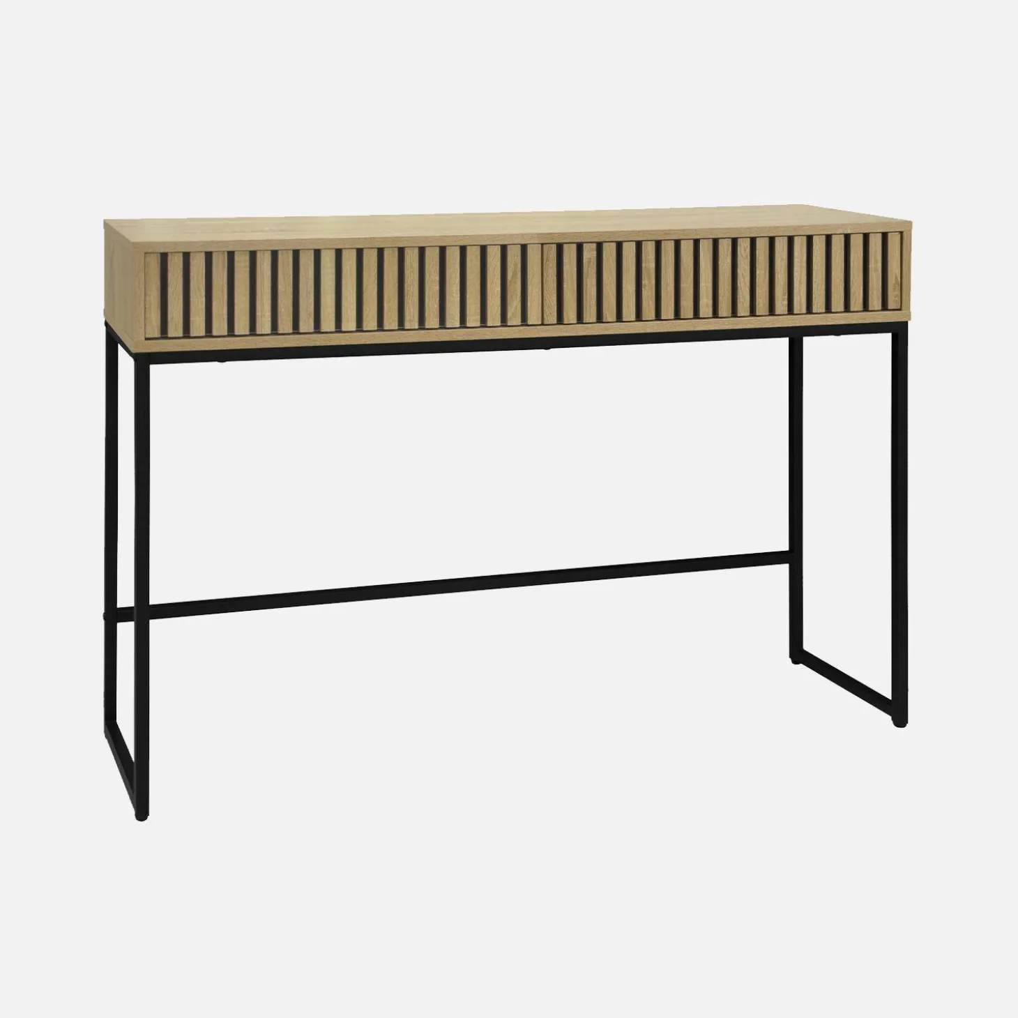Moderne Konsole mit 2 Schubladen in geriffeltem Holzdekor und schwarzem Metall