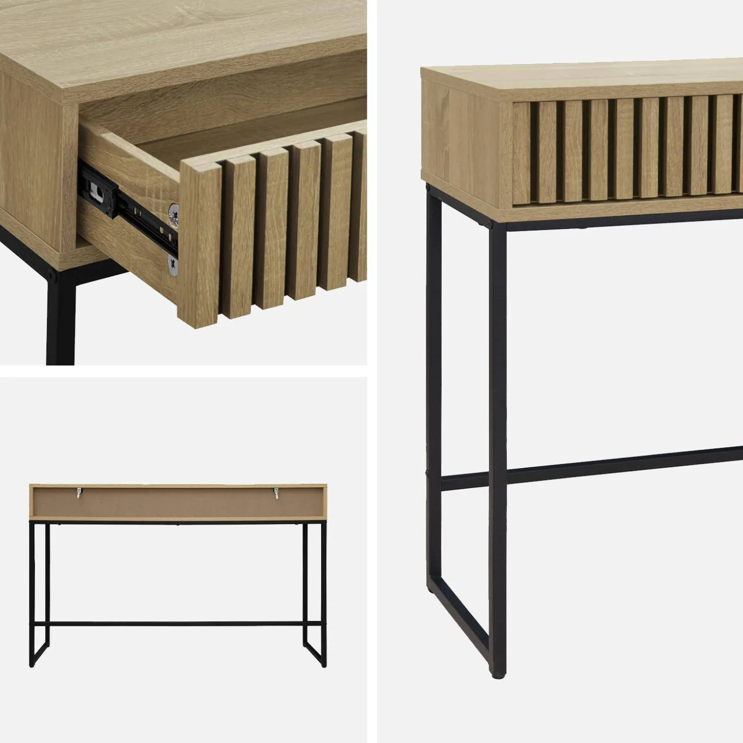 Moderne Konsole mit 2 Schubladen in geriffeltem Holzdekor und schwarzem Metall