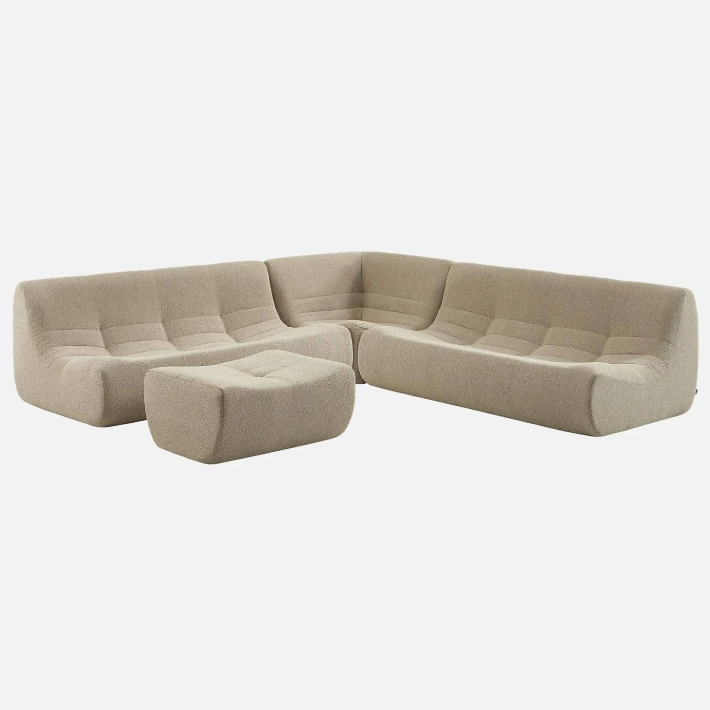 Modulares Ecksofa für 7 Personen mit strukturiertem Bouclé-Bezug und Hocker