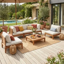 Modulares Gartenmöbel-Set aus Akazienholz für 5 Personen Bouclé-Look