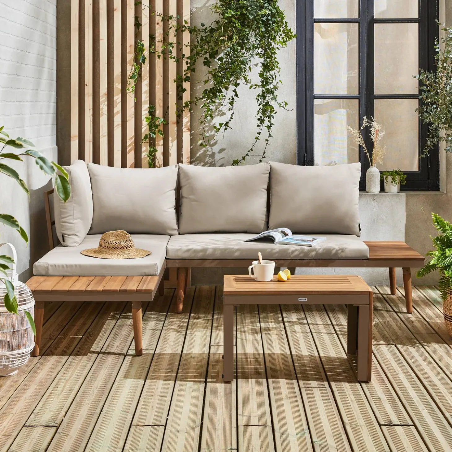 Modulares Gartenmöbelset aus Aluminium und Akazienholz, 4-Sitzer