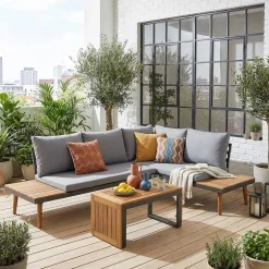 Modulares Gartenmöbelset aus Aluminium und Akazienholz, 4-Sitzer