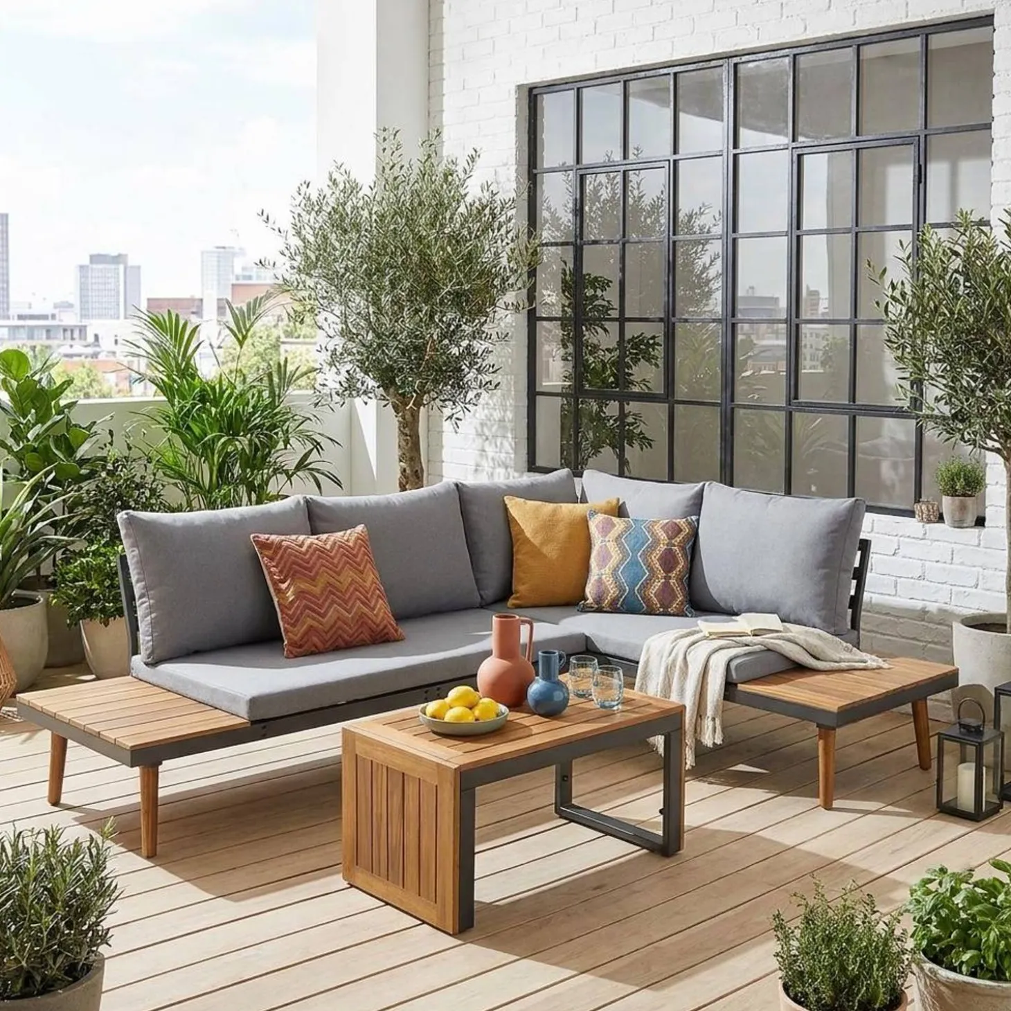 Modulares Gartenmöbelset aus Aluminium und Akazienholz, 4-Sitzer