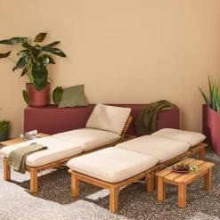 Modulares Loungeset aus naturfarbenem Akazienholz, 2-Sitzer, 3-fach verstellbar mit Tisch