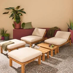 Modulares Loungeset aus naturfarbenem Akazienholz, 2-Sitzer, 3-fach verstellbar mit Tisch