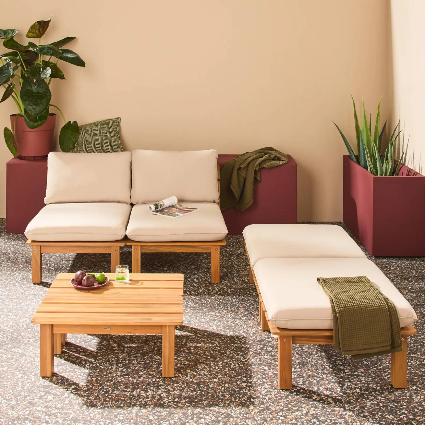 Modulares Loungeset aus naturfarbenem Akazienholz, 2-Sitzer, 3-fach verstellbar mit Tisch