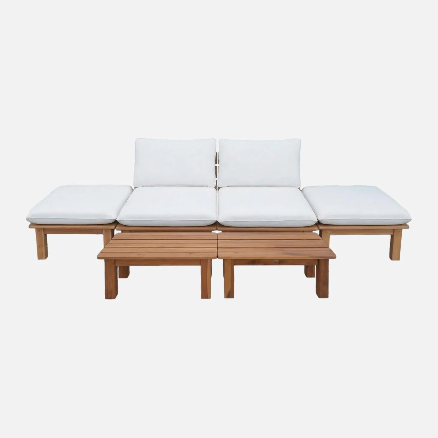 Modulares Loungeset aus naturfarbenem Akazienholz, 2-Sitzer, 3-fach verstellbar mit Tisch