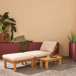 Modulares Loungeset aus naturfarbenem Akazienholz, 1-Sitzer, 3-fach verstellbar mit Tisch
