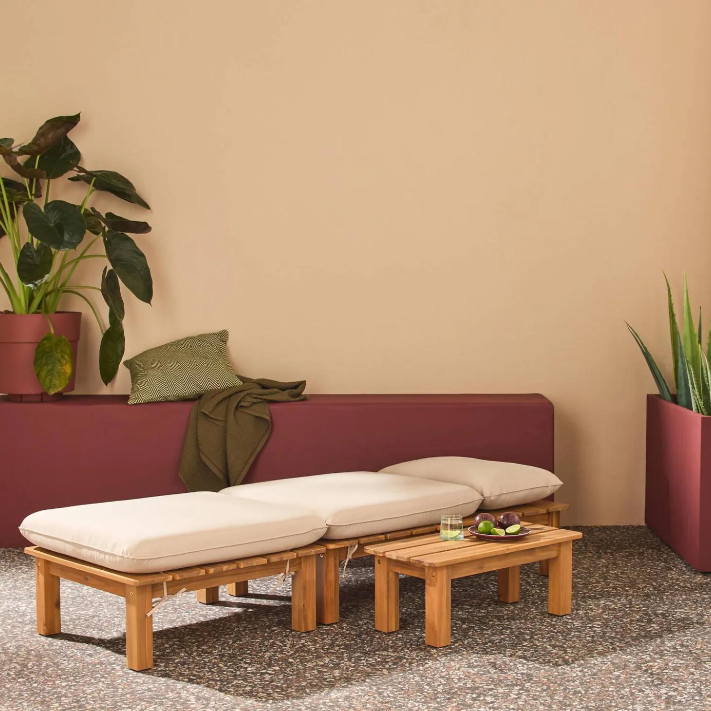 Modulares Loungeset aus naturfarbenem Akazienholz, 1-Sitzer, 3-fach verstellbar mit Tisch