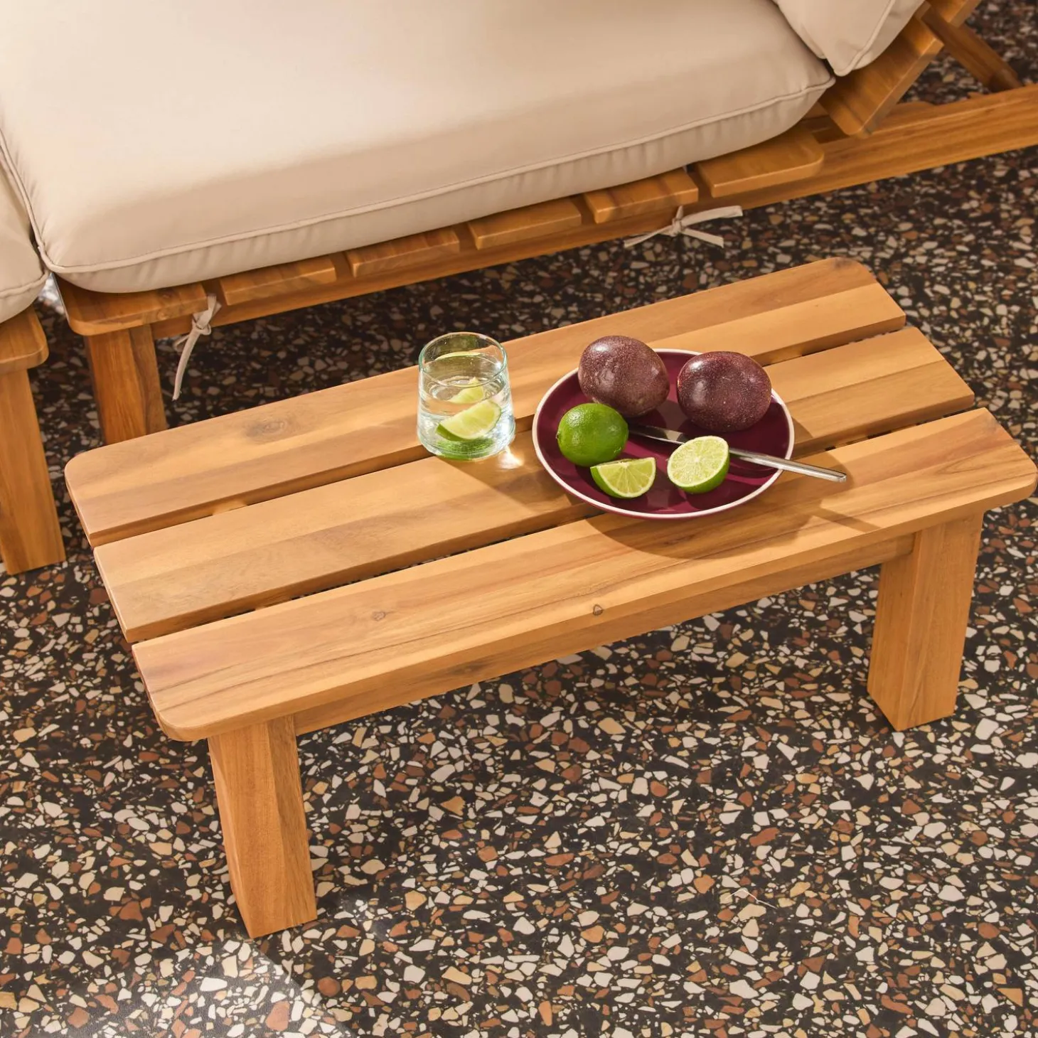 Modulares Loungeset aus naturfarbenem Akazienholz, 1-Sitzer, 3-fach verstellbar mit Tisch