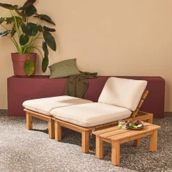 Modulares Loungeset aus naturfarbenem Akazienholz, 1-Sitzer, 3-fach verstellbar mit Tisch