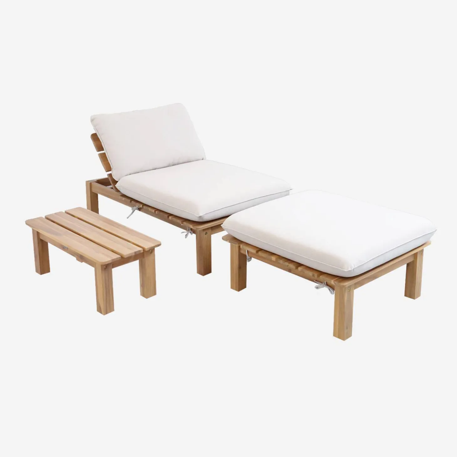 Modulares Loungeset aus naturfarbenem Akazienholz, 1-Sitzer, 3-fach verstellbar mit Tisch