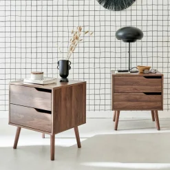 Nachttisch mit Holzdekor, nussbaumfarben, 2 Schubladen (Set von 2)