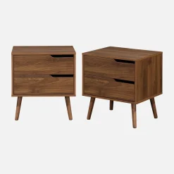 Nachttisch mit Holzdekor, nussbaumfarben, 2 Schubladen (Set von 2)