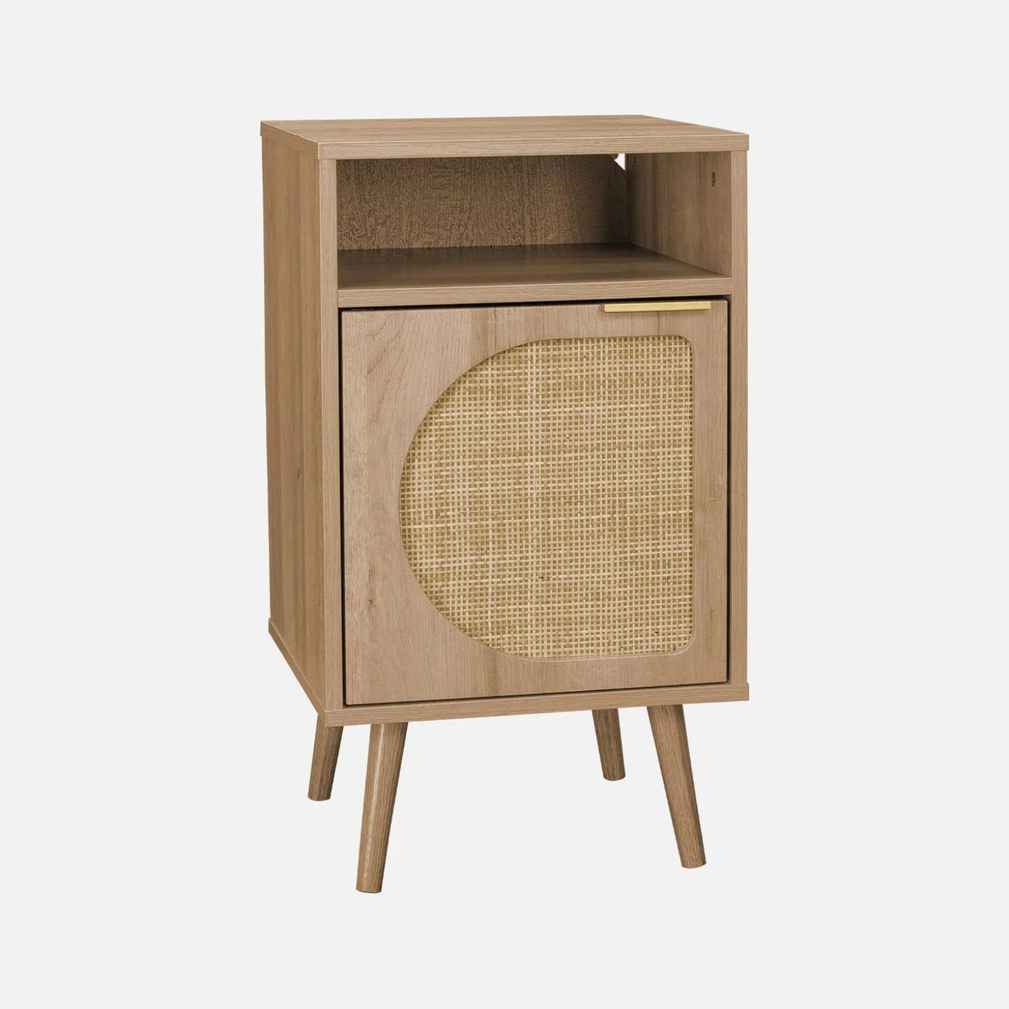 Nachttisch mit Holzdekor und abgerundetem Rattan-Geflecht