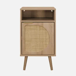 Nachttisch mit Holzdekor und abgerundetem Rattan-Geflecht