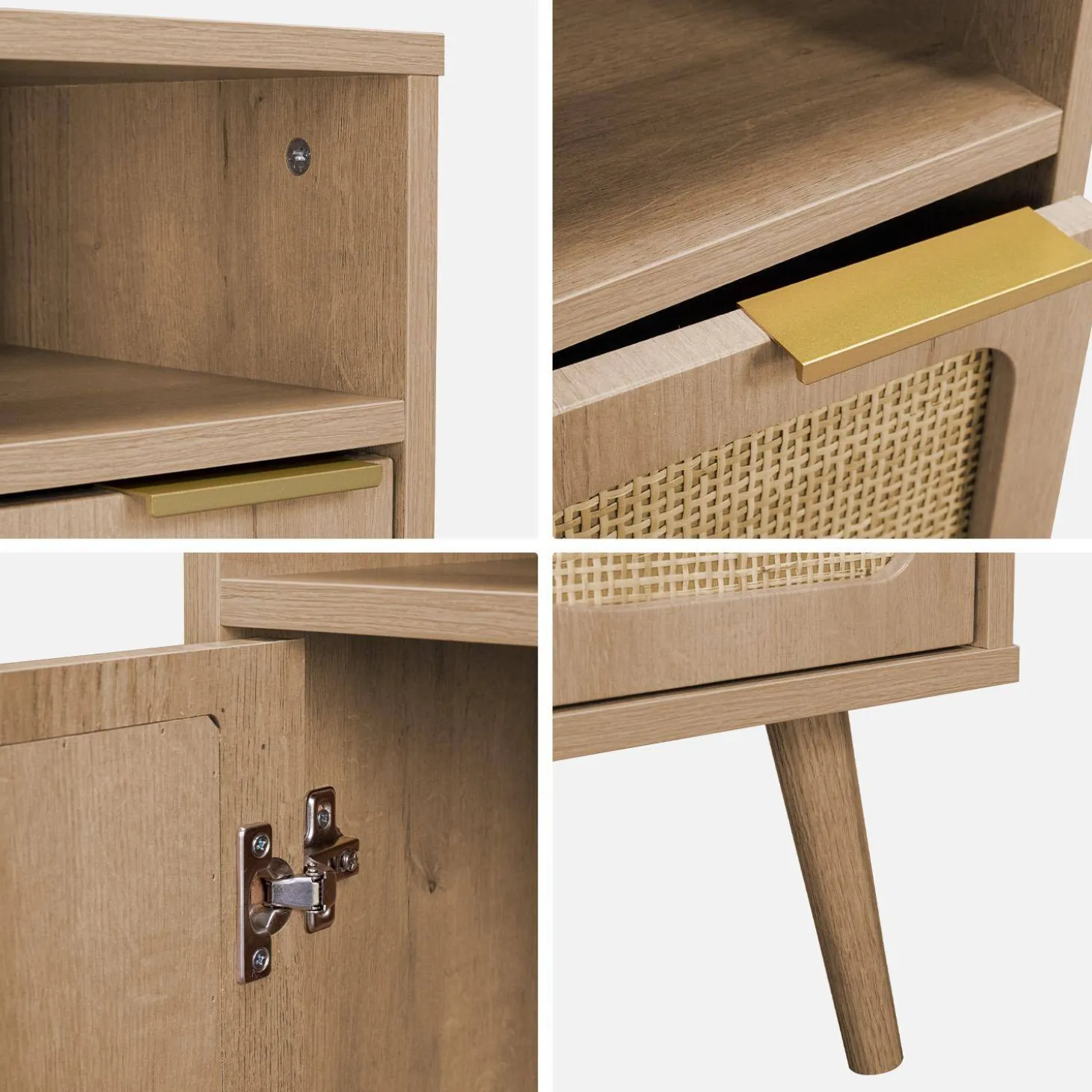 Nachttisch mit Holzdekor und abgerundetem Rattan-Geflecht