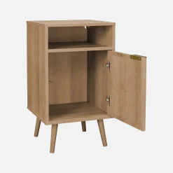 Nachttisch mit Holzdekor und abgerundetem Rattan-Geflecht
