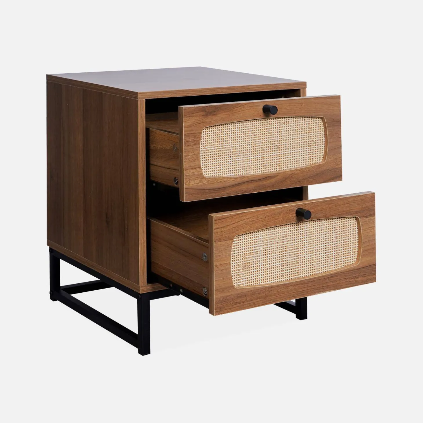 Nachttisch mit Holzdekor und Rattan-Geflecht