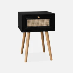 Nachttisch mit Holzeffekt und Rattan-Geflecht, 1 Schublade
