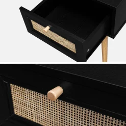 Nachttisch mit Holzeffekt und Rattan-Geflecht, 1 Schublade