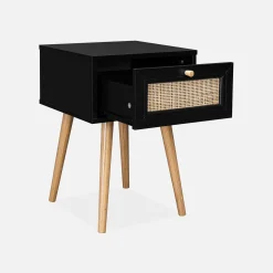 Nachttisch mit Holzeffekt und Rattan-Geflecht, 1 Schublade