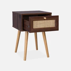 Nachttisch mit Holzeffekt und Rattan-Geflecht, 1 Schublade