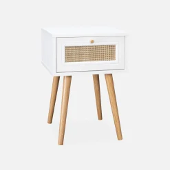 Nachttisch mit Holzeffekt und Rattan-Geflecht, 1 Schublade