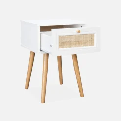 Nachttisch mit Holzeffekt und Rattan-Geflecht, 1 Schublade