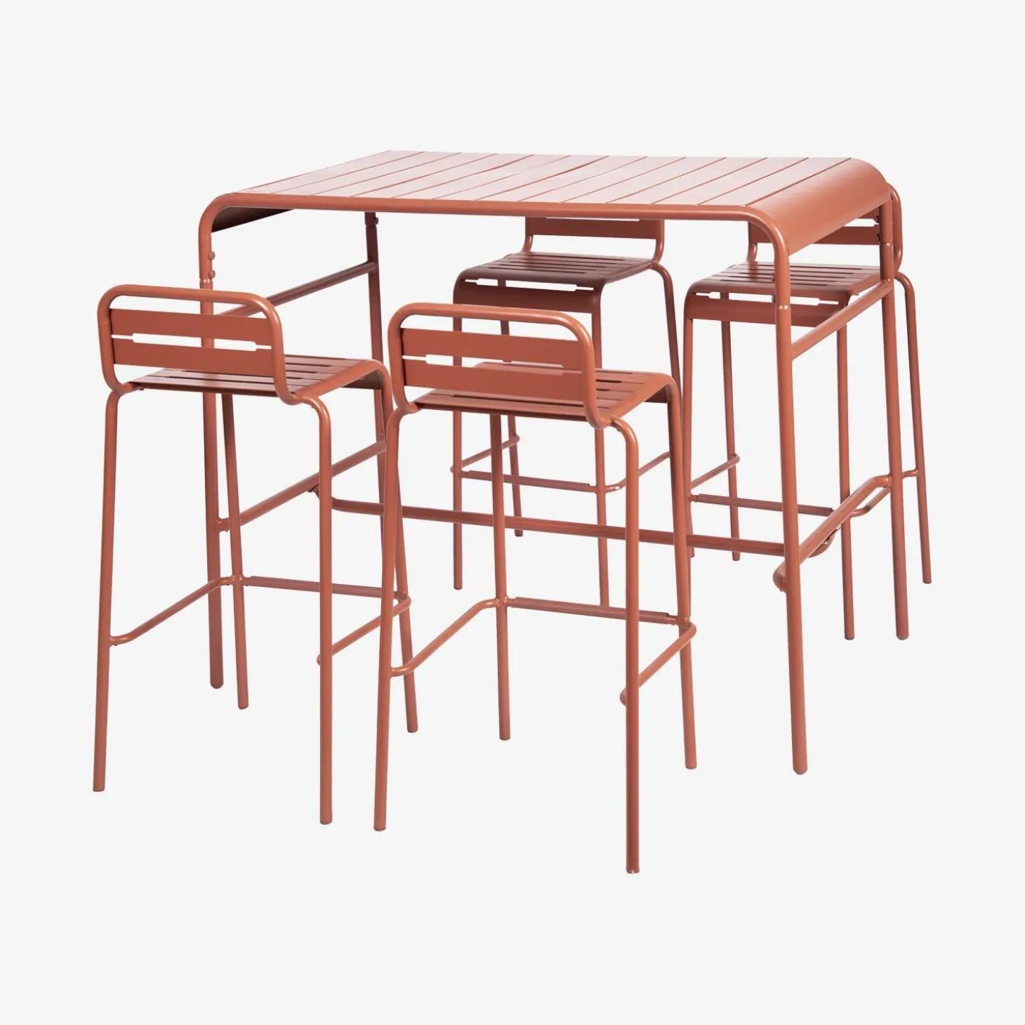 Outdoor-Bartisch + 4 Barhocker mit Lehne aus Stahl