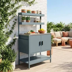 Outdoor-Küche aus Stahl mit 2 hängenden Regalböden und 2 Türen L 80 cm