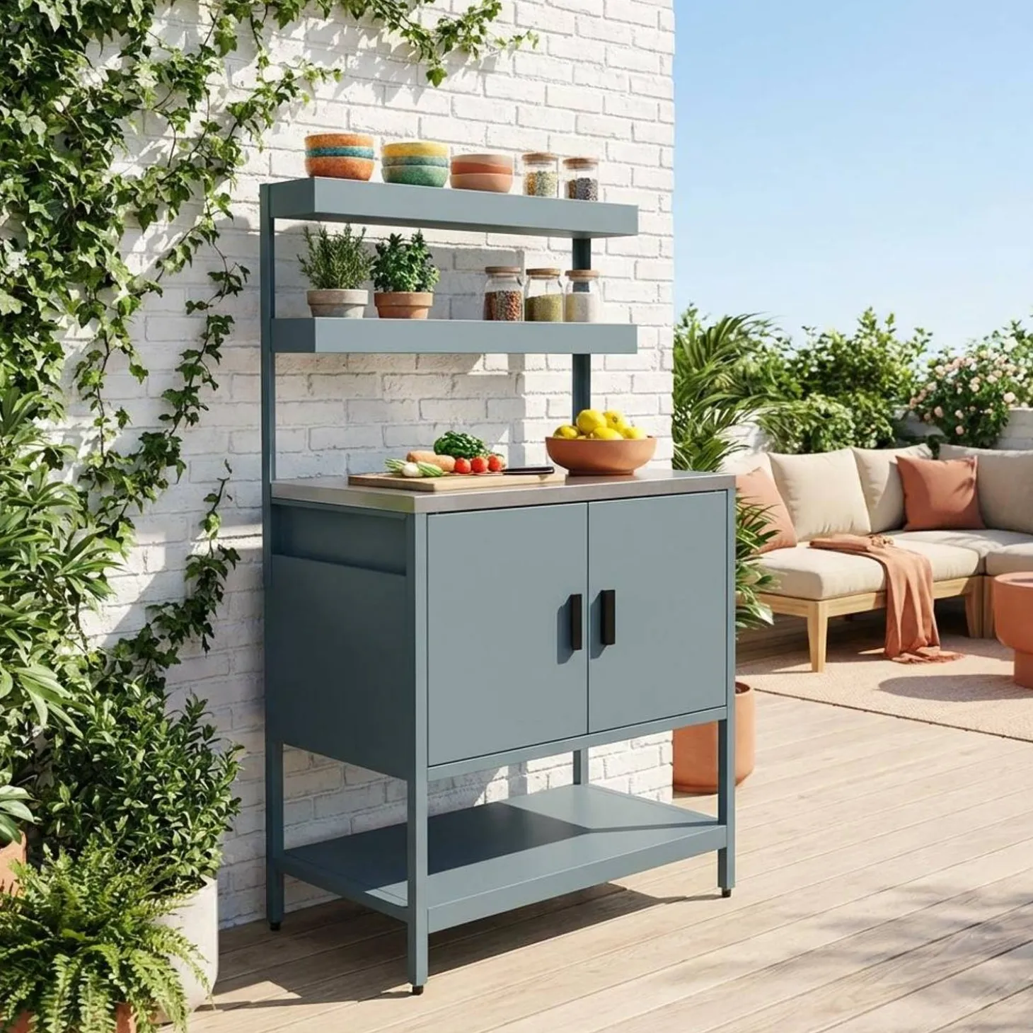Outdoor-Küche aus Stahl mit 2 hängenden Regalböden und 2 Türen L 80 cm